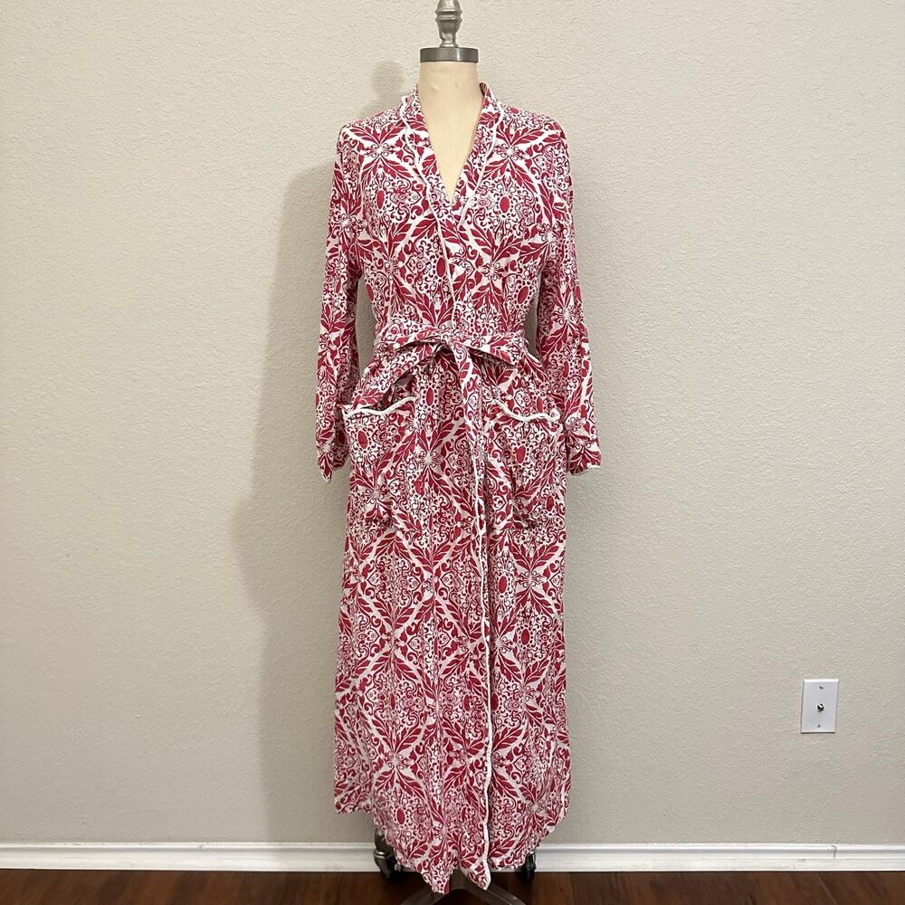 HEIDI CAREY Filigree Kimono Robe Red White Floral Long Sleeve Lounge